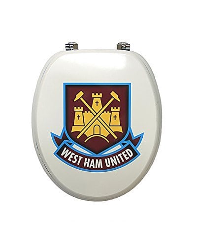 West Ham-themed toilet seat, a football-inspired bathroom and home decor item, perfect for West Ham United fans. Ideal gifts for men, dads, and grandads.