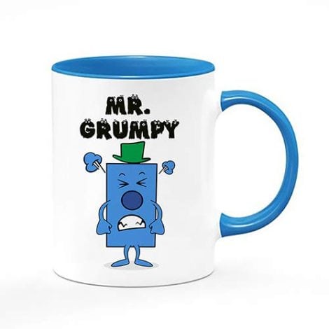 The “Mr. Grumpy” mug: A humorous, one-of-a-kind gift for men on birthdays or Christmas, available in two sizes. It has a blue interior and handle.