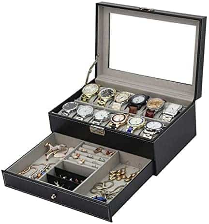 Tebery 12-Slot Watch Box Case with Lockable Glass Lid, 2-Layer Watch Organizer Display with Drawer, Ideal for Men’s Gifts.