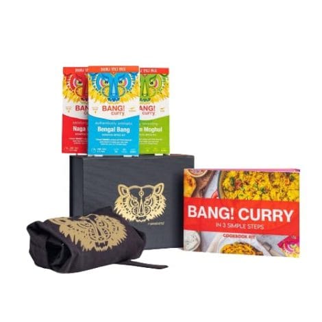 British Curry Gift Set Hamper with Cookbook & Stylish Apron, Curry Sauce Kits in Simple 3-Step Cookbook, All-Natural & Gluten-Free – BANG! Curry.