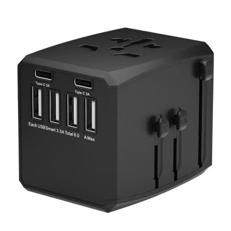 GRADESAFE All-in-One Travel Adapter with 4 USB and 2 USB C Ports, Multiple AC Sockets – 6A | Durable PC, UK, EU, US & AU Compatibility.