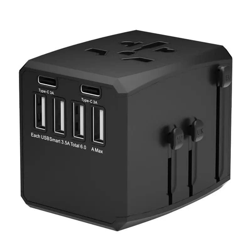 GRADESAFE Universal Travel Adapter 4 USB & 2 USB C Charger Ports with Multiple AC Smart Plug Sockets - 6A | Durable PC Material | UK, EU, US & AU Standards International Travel Adapter