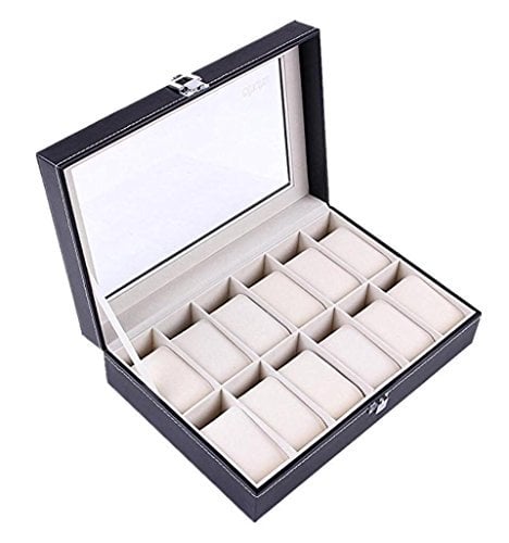 DWD Black Imitation Leather Watch Case Bracelet Jewellery Display Storage Box Tray Organizer (12 compartment)