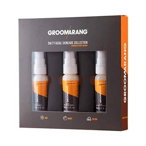 GROOMARANG’s Men’s Skincare Gift Set includes three vitamin-enriched moisturizing creams for all-day protection, revitalization, and detoxification.