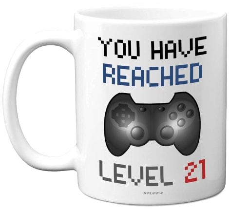 Stuff4 21st Birthday Gamer Gift – Level 21 Gamer Christmas Mug is a novelty coffee cup for gamers turning 21.