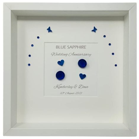 Traditional 65th anniversary gift for women, men, couples, parents, and friends  a custom-made, blue sapphire picture frame.