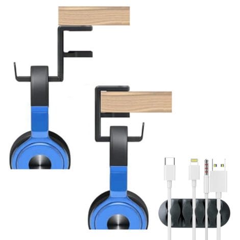 Black Headphone Stand Holder with Cable Clip and Free Cable Organiser, 360 Degree Swiveling Dual: Springed Clamp Gaming Headset Desk Hook with Strong Adhesive Attachment, Universally Adjustable.