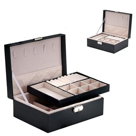 PROVO Jewellery Casket Holder, 2-Tier Leather Jewellery Case with Lock, Detachable Tray, and Partition. Lockable PU Leather Container for Necklace Watch. Ideal Gift for Ladies and Girls.