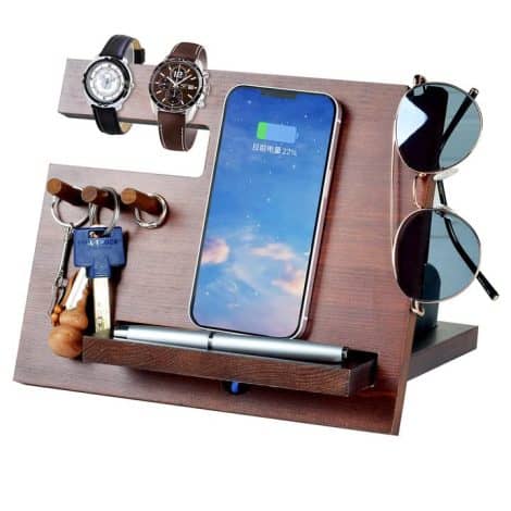 Christmas presents for males, including a wooden phone docking station, a bedside table organizer for wallets and watches.