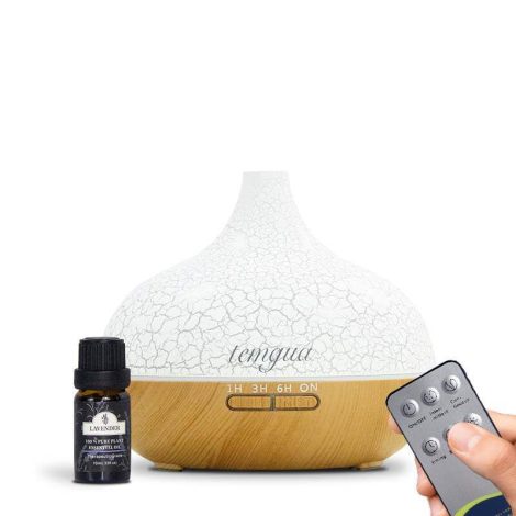 Temgua essential oil diffuser with a choice of tea tree or lavender oil, a 500ml cracked diffuser ultrasonic humidifier for home, remote control aromatherapy diffuser with auto-off feature and 7 LED light colors. (Light Wood)