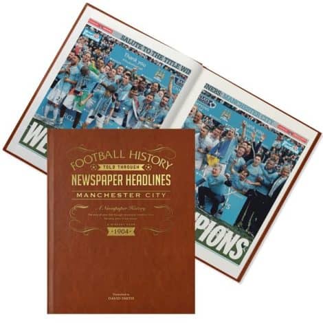 Custom Football Fan Present – Chronicle of Events Depicted by Press Articles – Personalisation with Gilded Engraving.