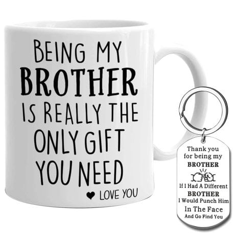 caicainiu Brother Gift Coffee Mugs for Men, Hilarious Novelty Ceramic Mug and Keyring for Brother from Siblings, Birthday, Christmas, Thanksgiving Tea Cups Gift for Brother