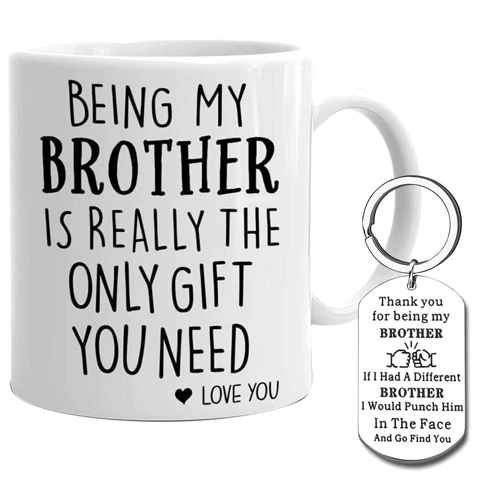 caicainiu Brother Gift Coffee Mugs for Men, Funny Novelty Ceramic Coffee Mug and Keyring Keychain for Brother from Sisters Brothers Sibling, Birthday, Christmas, Thanksgiving Tea Cups Gift for Brother