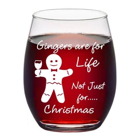 Joymaking Gingers, a humorous festive gift for both women and men, personalized stemless wine glass for Christmas.