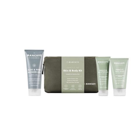 ManCave Gentle Skin and Body Essentials Wash Bag Gift Set for men with Facial Cleanser, Hydrator, Body Wash, Dermatologically Tested, Naturally Derived Ingredients, Vegan-friendly, Produced in England.