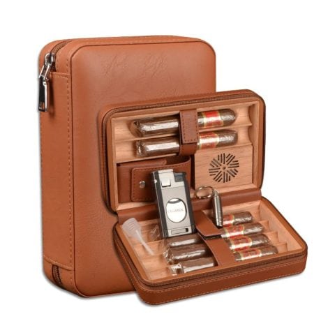 Brown Cigar Travel Humidor with Triple Flame Lighter, Leather Cigar Case, Humidifier, Punch, Dropper, and Cedar Wood Gift Storage.