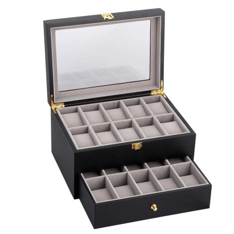 Uten 20 Wooden Watch Storage Box 2 Layers Organizer Collection Jewelry with Glass Lid for Men.