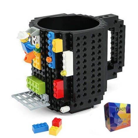 Build-On Brick Coffee Mug, Amusing Cup with Customizable Building Blocks Xmas Gift, Unique Xmas Santa Birthday Presents for Children, Adults with 3 Bags Accessories (Black)