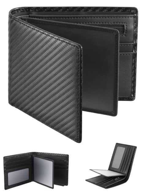 GSG Men’s Wallets Authentic Leather RIFD Tri-Fold Wallet with Coin Pouch, 14 Card Slots, 2 Money Sections, 2 ID Windows, Sleek Wallet with Gift Box Black.