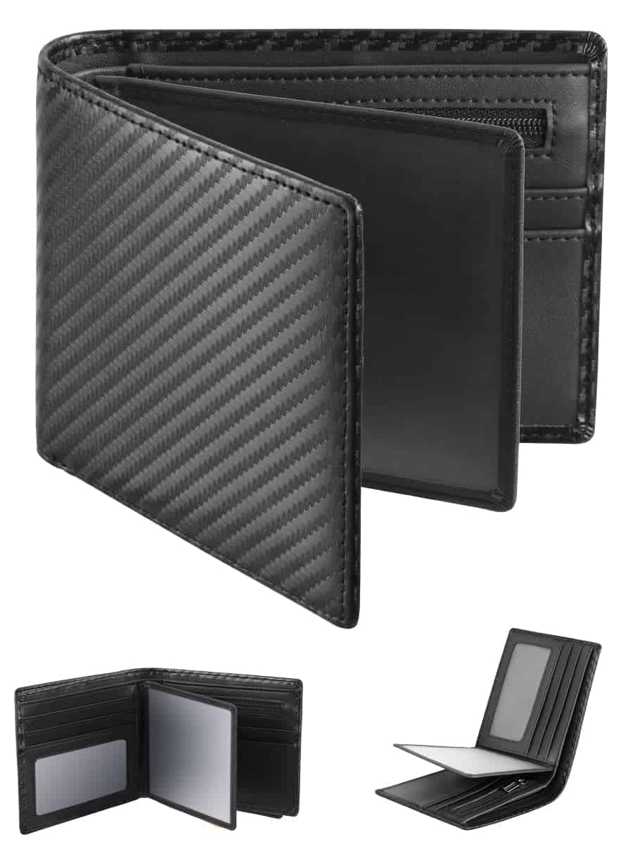 GSG Men's Wallets Genuine Leather RIFD Tri-Fold Wallet with Coin Pocket,14 Credit Card Slots, 2 Banknote Compartments, 2 ID Windows, Minimalist Wallet with Gift Box Black