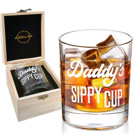 LIGHTEN LIFE Father’s Drinking Cup Whisky Glass 360ml, Exclusive Dad Present in High-Quality Timber Case, Humorous Prank Gift for New Dad, Spouse, and Kids to Celebrate Father’s Day or Birthday.