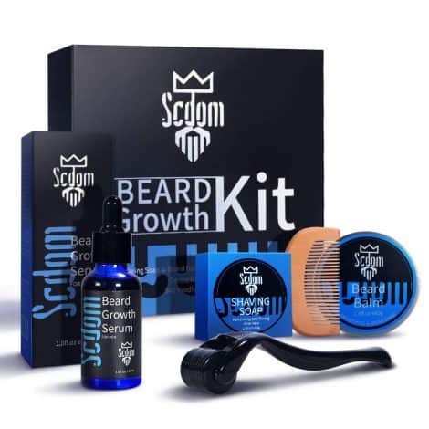 Scdom Beard Grooming Set, including a Titanium Derma Roller, Beard Growth Serum, Beard Balm, Cleansing Soap, and Comb. Perfect for Men/Dads.