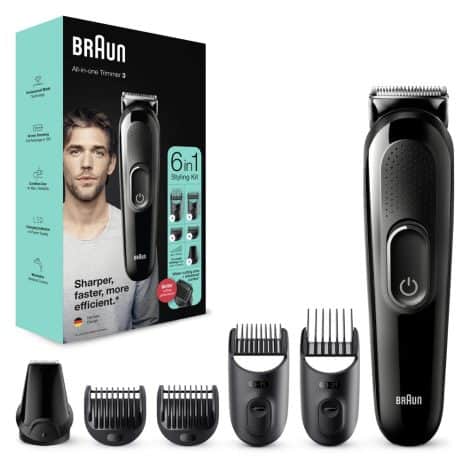 Braun MGF3335, a male grooming kit with beard trimmer, hair clippers, precision trimmer, sharp blades, and 5 attachments, in black.