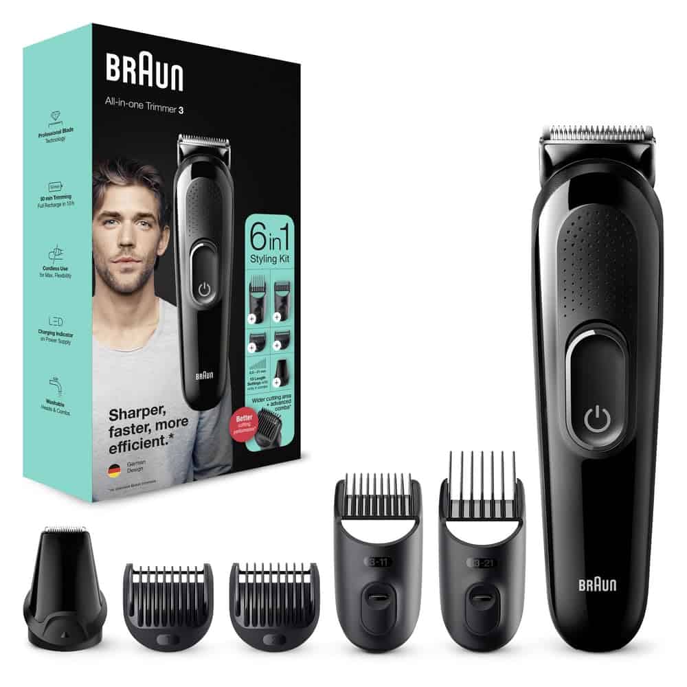 Braun 6-In-1 All-In-One Series 3, Male Grooming Kit With Beard Trimmer, Hair Clippers & Precision Trimmer With Lifetime Sharp Blades, 5 Attachments, Gifts For Men, UK 2 Pin Plug, MGF3335, Black Razor