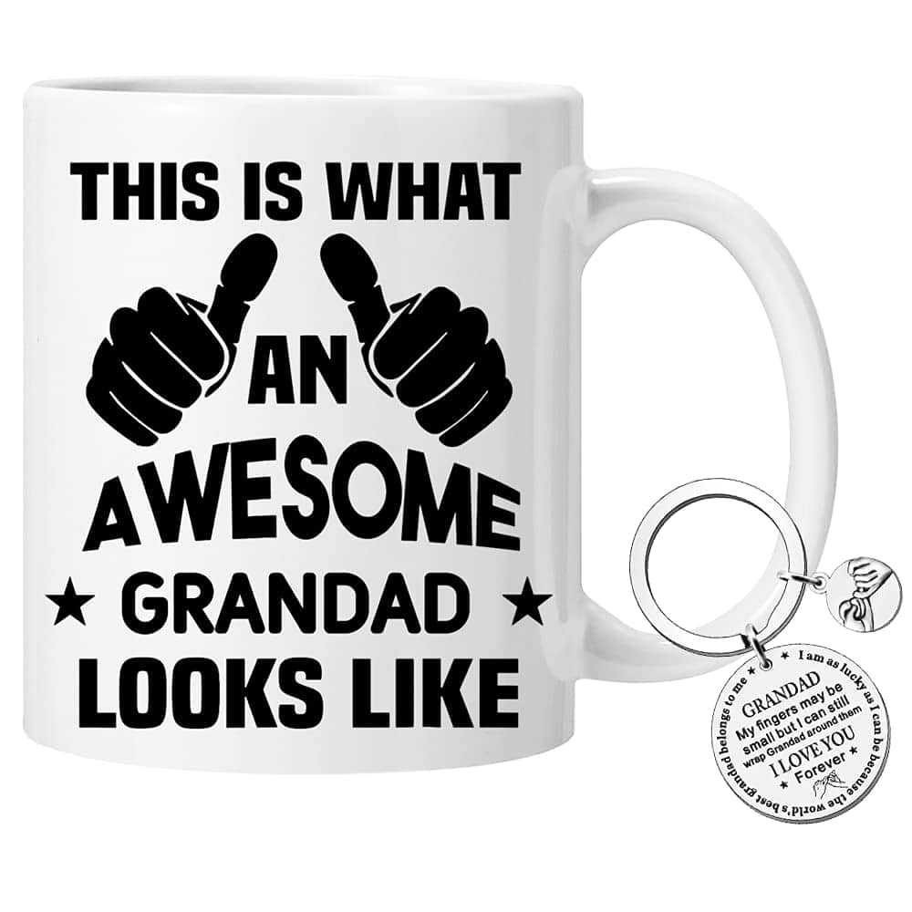 caicainiu Grandad Gift Coffee Mugs for Men, Funny Novelty Ceramic Coffee Mug and Keyring for Grandpa from Daughter Son, Birthday, Christmas, Thanksgiving Tea Cups Gift for Grandfather