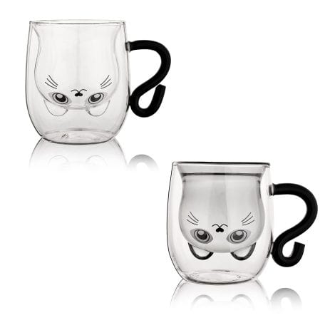 Adorable Feline Mugs Pair of 2 Endearing Feline Teacups 8.5 oz Dual Layer Milk Coffee Cat Mug with Handle Insulated Espresso Beer Cup Charming Presents for Ladies Gents Valentine’s Day (2 Pack, Black White)