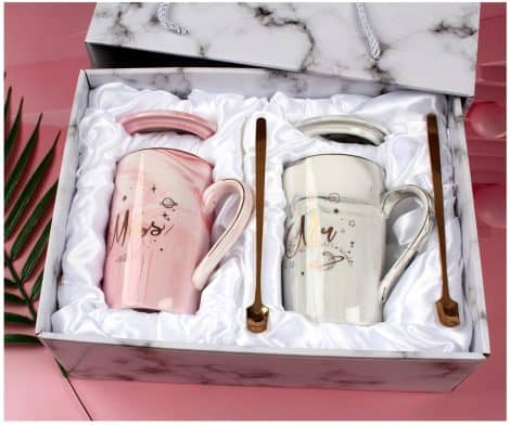 NVACALA Mug Sets – A British Gift for Couples on Valentine’s Day, Anniversary, or Birthday – 14oz Ceramic Marble Cups with Gold Patterns – Perfect for Mr and Miss.