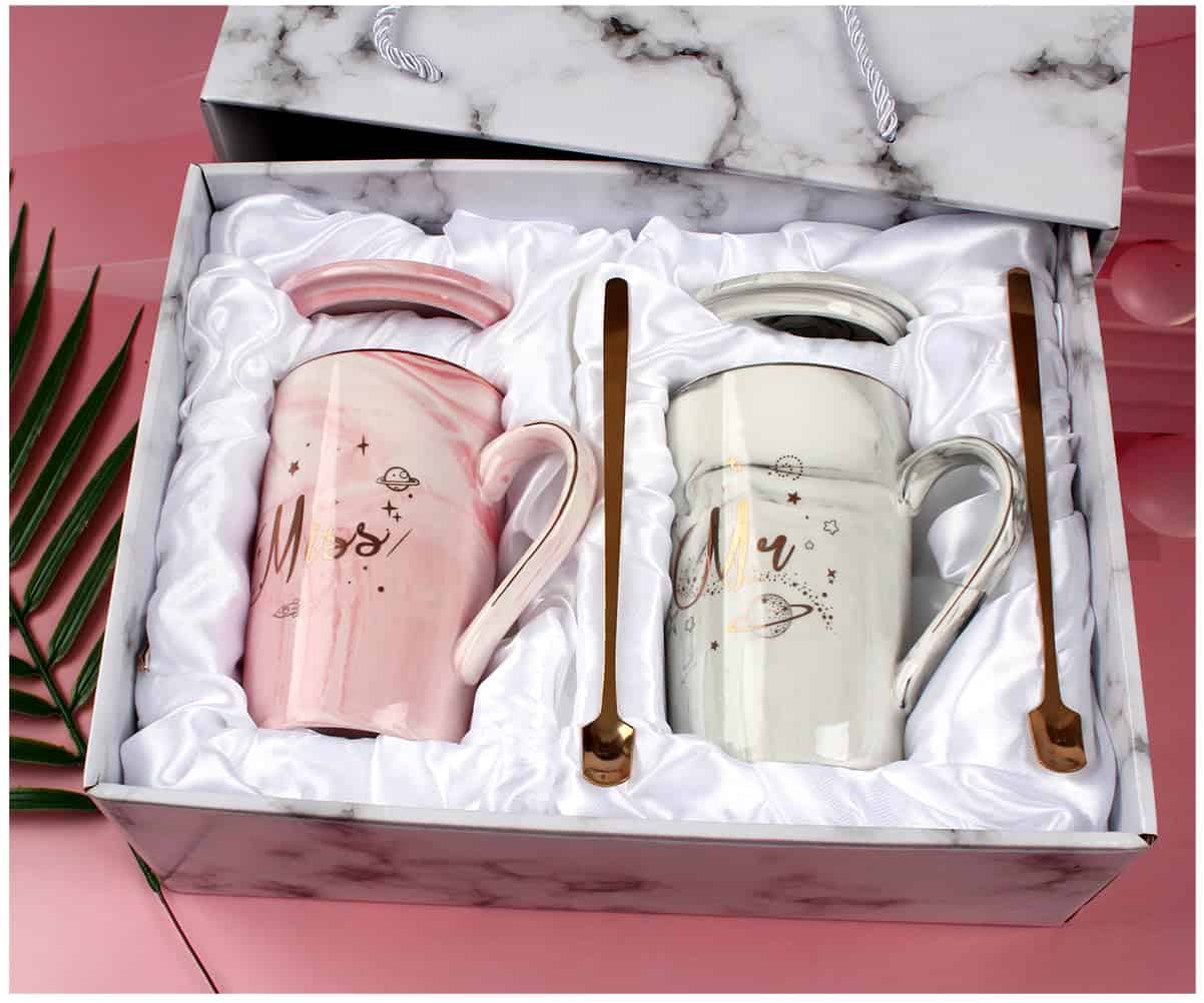 NVACALA Mug Sets Gift for for Couples Valentine's Day Anniversary Birthday Gifts Couples Boyfriend Girlfriend Women Men Lovers Friends,14oz Ceramic Marble Cup with Gold Pattern(Mr&Miss)