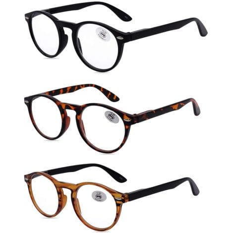 A set of three retro-style reading glasses with spring hinges for men and women, packaged as a gift.