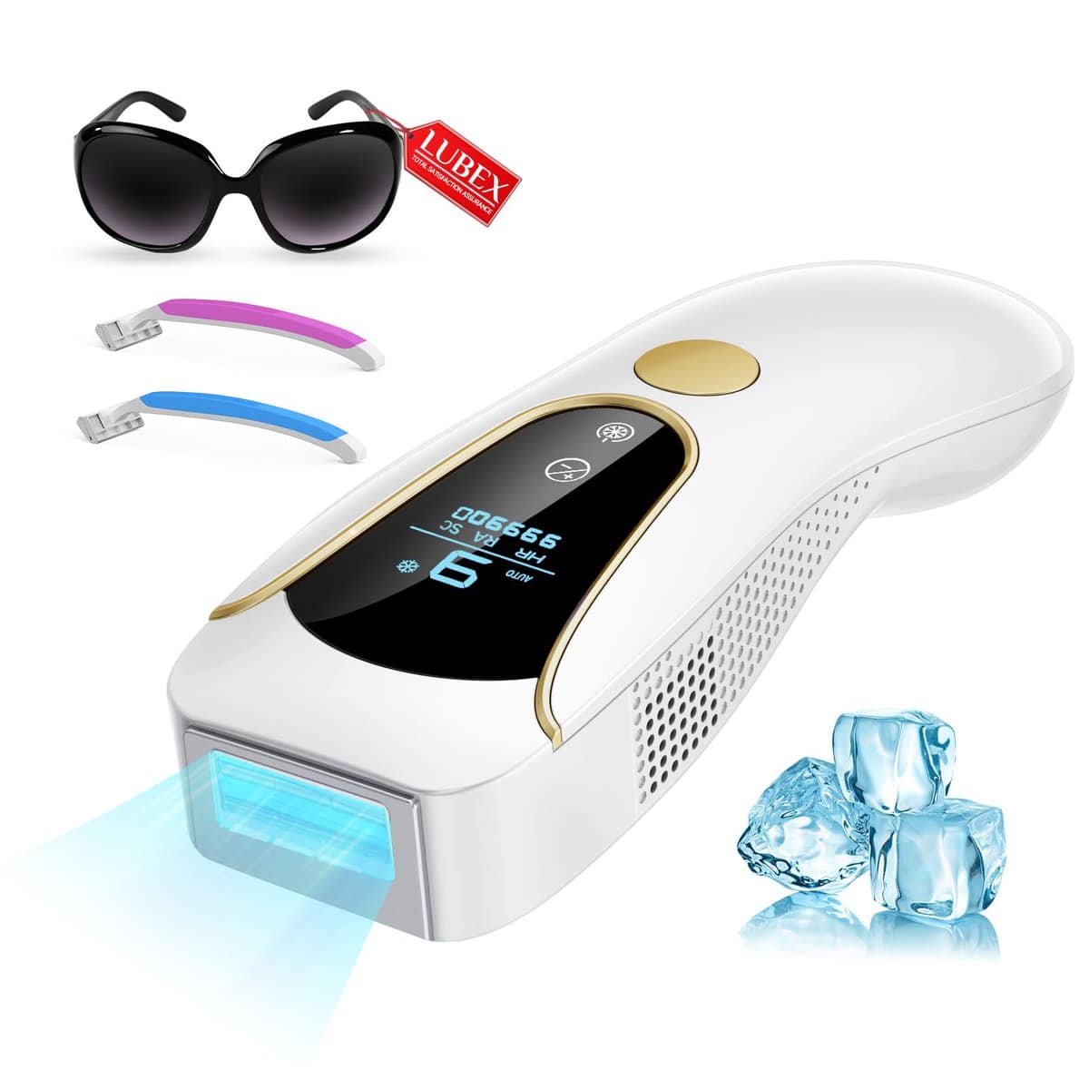 LUBEX IPL Hair Removal Device, Ice Cooling System, 3-in-1 Functions HR/SC/RA Laser Hair Removal Device, 9 Energy Levels, 999,900 Flashes, Painless Hair Removal for Face Bikini Line, Women Men