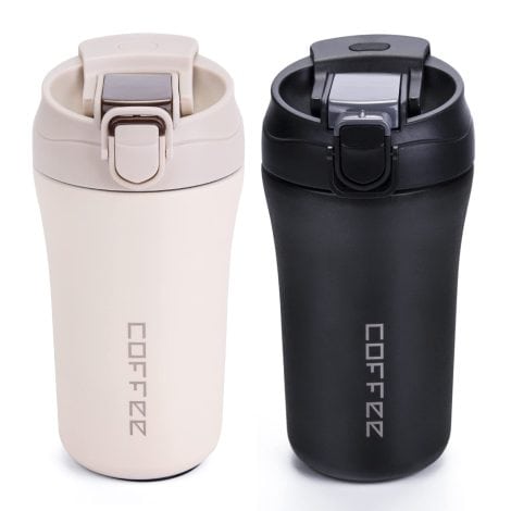 British English Paraphrase: 2-Pack of Travel Coffee Mugs, 400ml, Thermal Cups for Hot and Cold Drinks, with Lids, Straws, in Black and White. Perfect Gift.