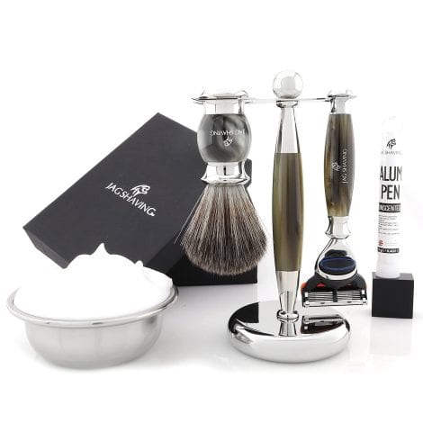 Jag Shaving Men’s Shaving Kit, 3-Piece Grooming Set, 5-Blade Shaving Razor, Synthetic Hair Shaving Brush, Stylish Shaving Stand with Aftershave Alum Stick, Greenhorn Shade.