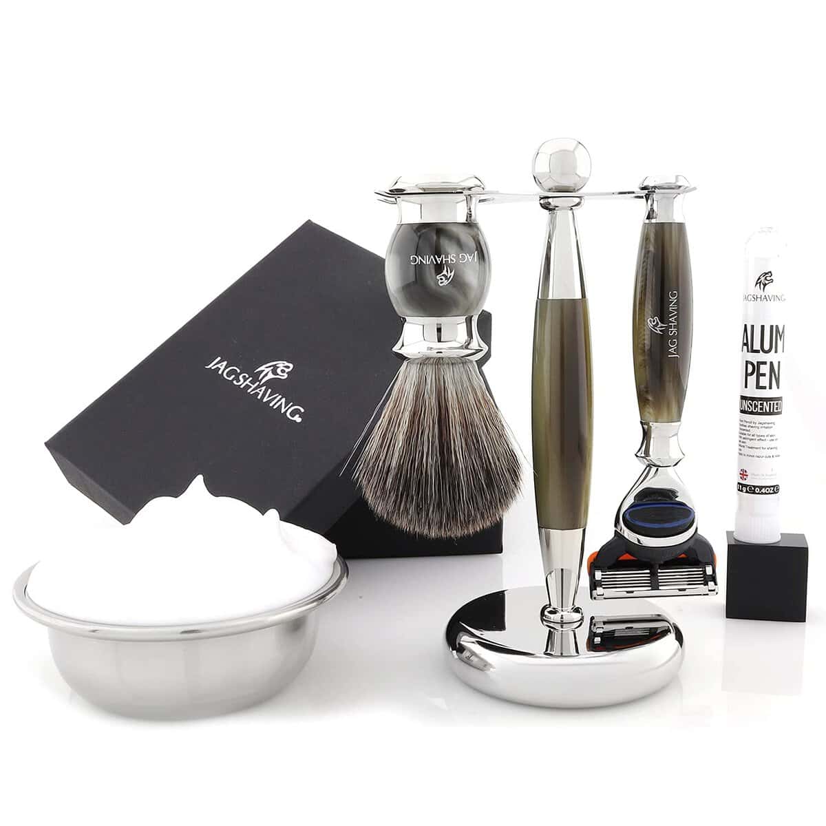 Jag Shaving Men Shaving Kit, 3 Piece Grooming Set, 5 Edge Shaving Razor, Synthetic Hair Shaving Brush, Elegant Shaving Stand with Aftershave Alum Stick, Greenhorn Color