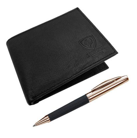 J. Wilson London Men’s Designer Real Leather Wallet & Ballpoint Pen Gift Set (Black), in a presentation box.