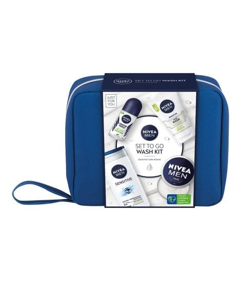 NIVEA MEN Travel Wash Kit Set (5 Pieces), Men’s Set with Shower Gel, Face Wash, Roll-On Deodorant, Moisturiser, and Hanging Bag for Washing.