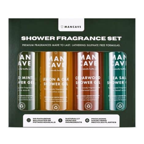 ManCave Ultra-Premium Shower Gel Fragrance Gift Set: British-made, 4 x 500ml Natural Sulphate-Free Shower Gels in Wild Mint, Lemon & Oak, Cedarwood, and Sea Salt scents. Vegan Approved.