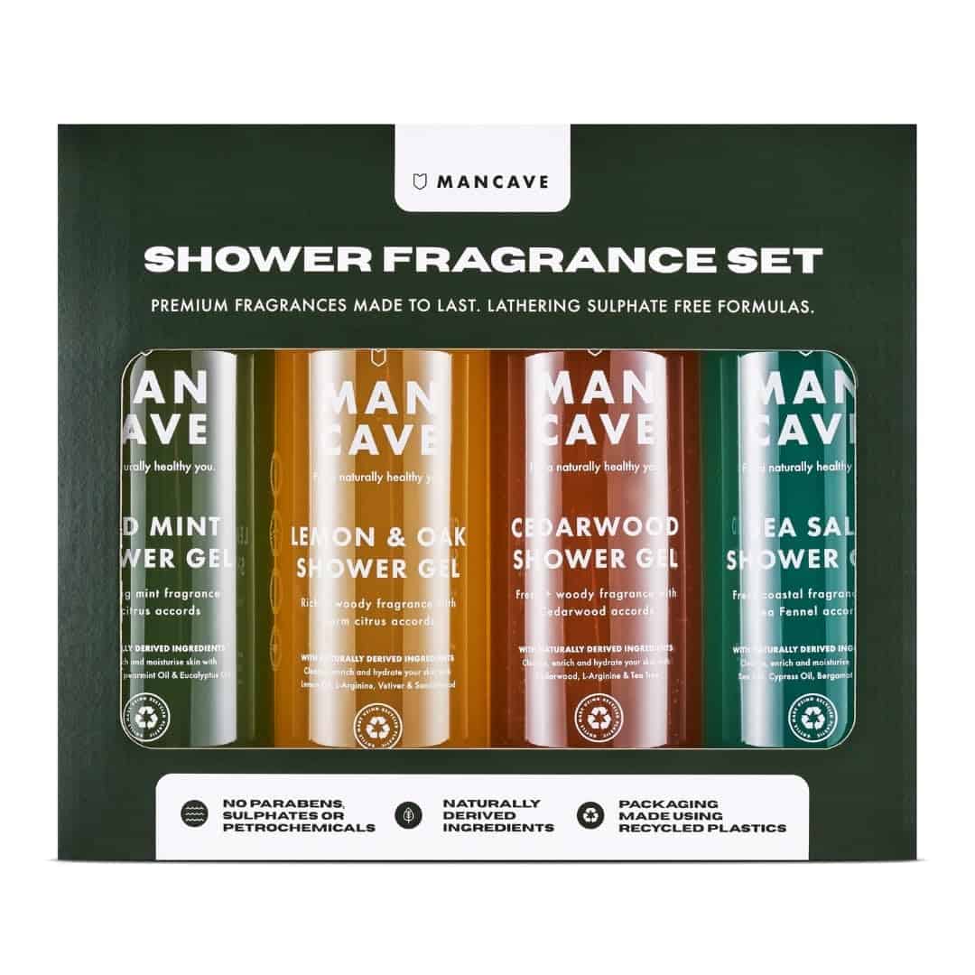 ManCave Men's Ultra-Premium Shower Gel Fragrance Gift Set, Featuring 4 x 500ml Natural Sulphate Free Shower Gels: Wild Mint, Lemon & Oak, Cedarwood and Sea Salt fragrances, Vegan Friendly