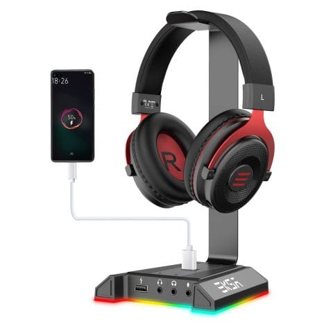 EKSA W1 is a gaming headset holder with 7.1 surround sound, 3.5mm Aux, 2 USB ports, and aluminum construction.