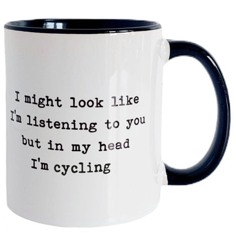 Cycling presents for bike enthusiasts, a humorous ceramic mug, and unique British gifts for male cyclists.