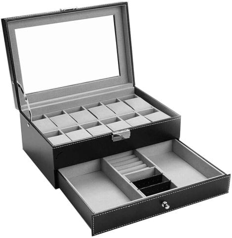 Autumn deer Watch Box, with 12 slots, is a British faux leather jewelry display case for men’s watches. It includes a lockable bracelet tray and a glass jewelry drawer for storage and display.