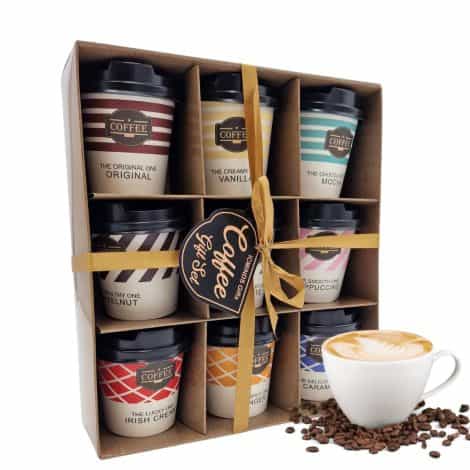 Coffee Gift Set – A collection of 9 delicious flavoured coffees, complete with travel cups, perfect for women.