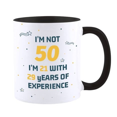 Humorous 50th Birthday Present for Women and Men, Celebrating Half a Century Coffee Mug, Comical Party Mug Top Adult Gifts for Father, Mother, Pals, Siblings, Her, Him (Black).