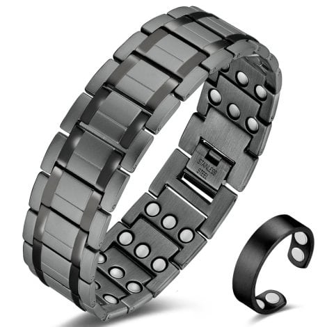 Cigmag Magnetic Bracelet for Men is made of ultra-strong titanium steel with three rows of magnets. It includes an adjustable tool and comes in a grey gift box.