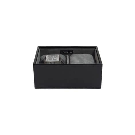 Stackers – Gentlemen’s Sophisticated Black Mini Timepiece with Elegant Grey Velvet Interior Coating
