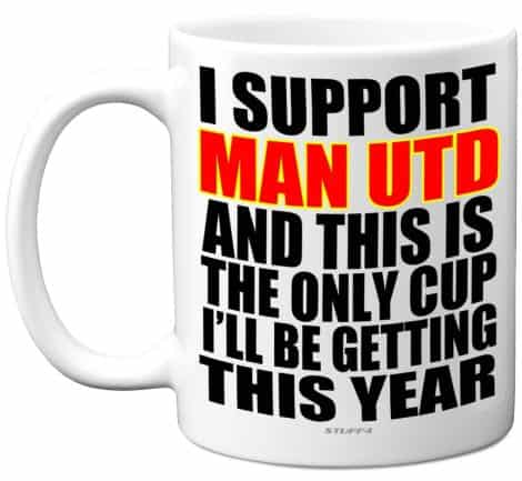 Humorous Football Christmas Mug Gift for Manchester United Supporters – Exclusive Cup for Football Enthusiasts – Comical Xmas Birthday Present for Relatives and Friends, 11oz Ceramic Beverage Cup.