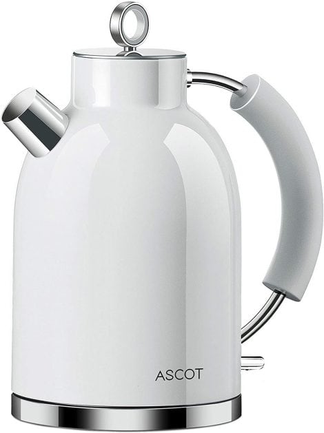 ASCOT Stainless Steel Electric Kettle, Retro Tea Heater and Hot Water Boiler, 1.5L, 2200W, Auto Shut-Off, Boil-Dry Protection (White)